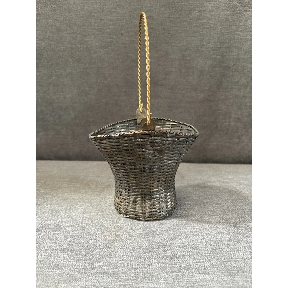 Vintage‎ Teleflora Gift Metal Woven Basket Tall Moveable Handle Silver Toned